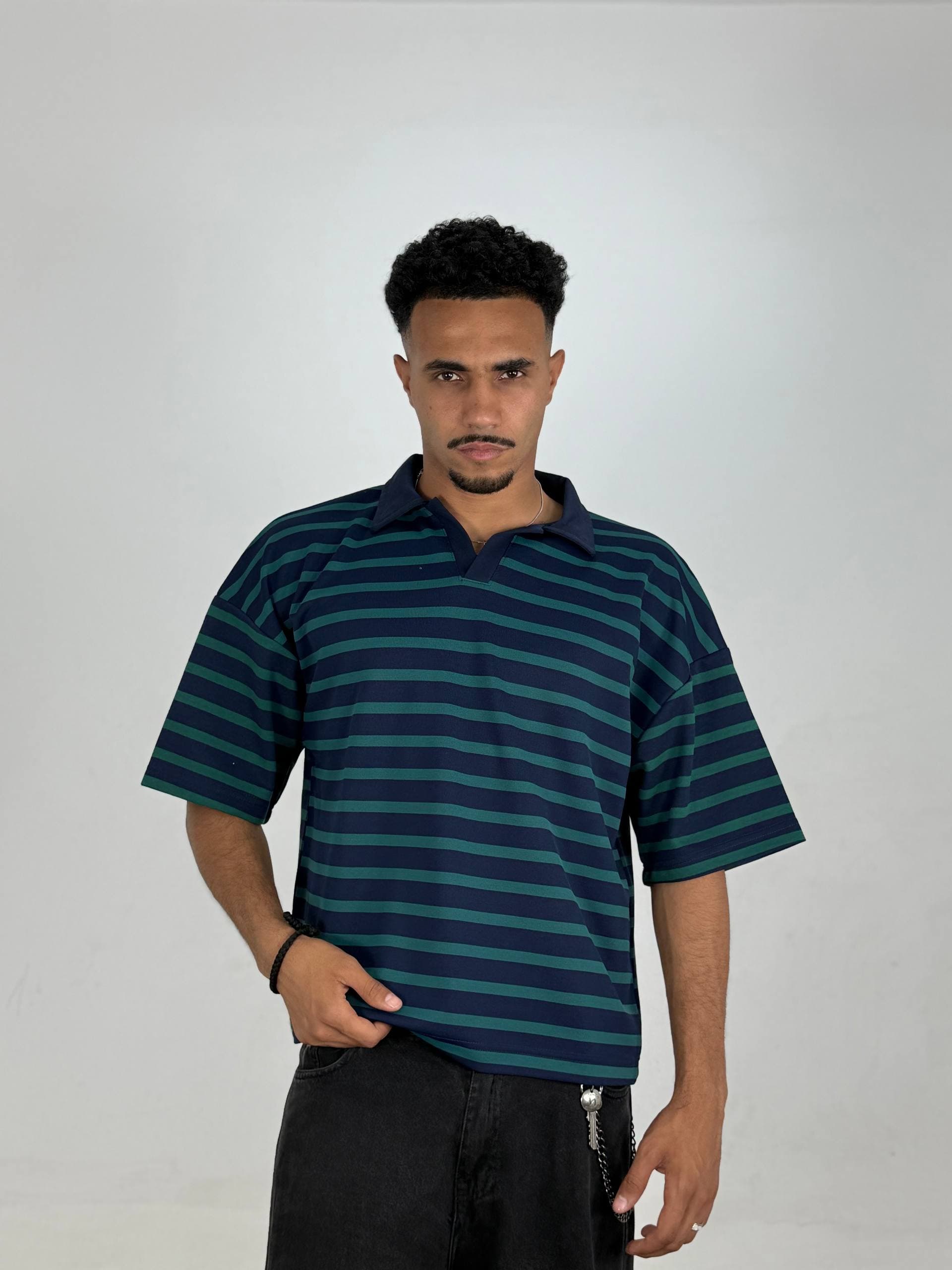 RAW Striped Boxfit Polo โ Teal & Navy Stripe
